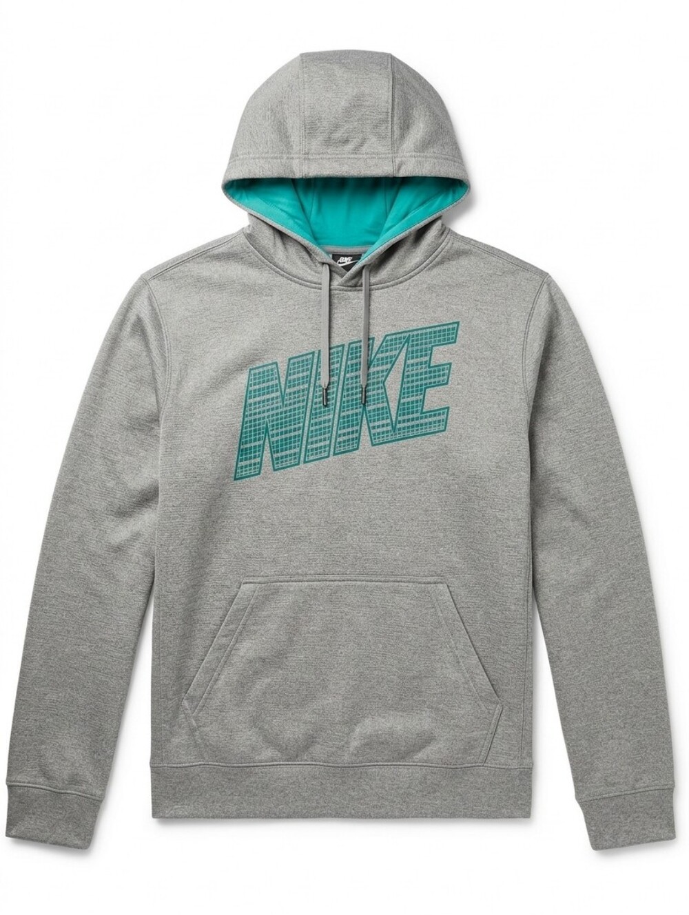 Nike Therma Fit Hoodie Men Medium Gray Teal Green Grid Block Logo Pullover